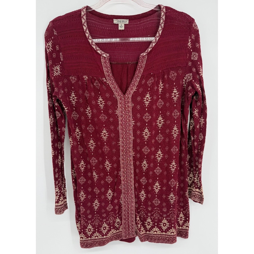 Lucky Brand Womens Burgundy Geometric Split Neck Tunic Top Maroon Boho Sz‎ S